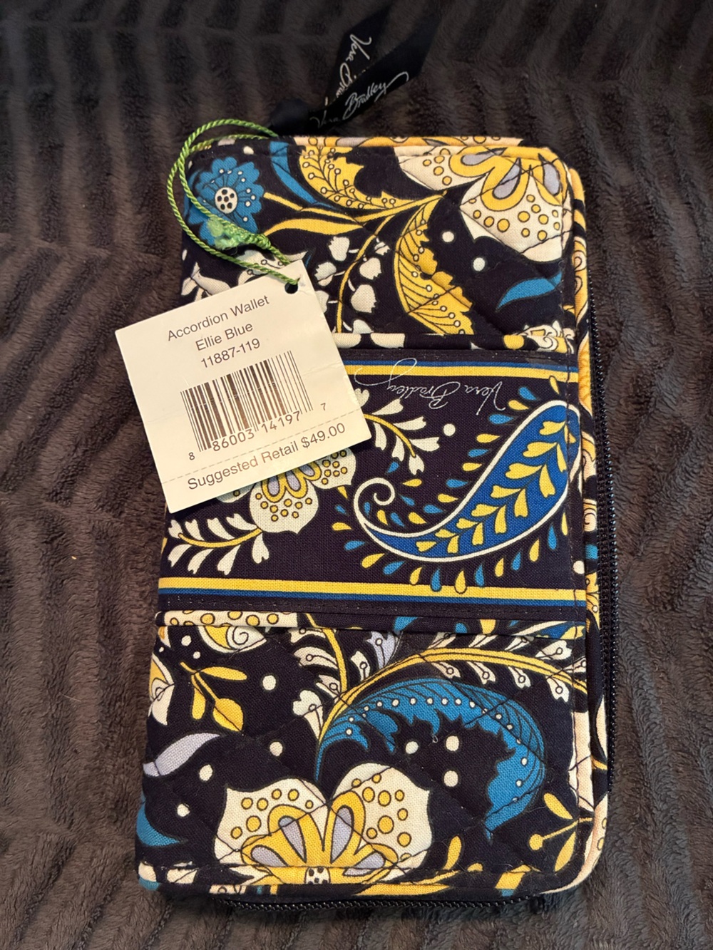 Retired Ellie Blue Vera Bradley Paisley Quilted Wallet - Blue, Yellow, White